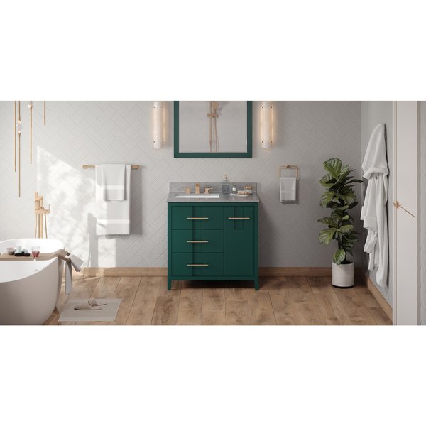 Jeffrey Alexander 36In. Forest Grn Katara Vanity, Left Offset, Steel Gry Cultured Mrbl Vanity Top, Undrmnt Rctngl Bowl VKITKAT36GNSGR